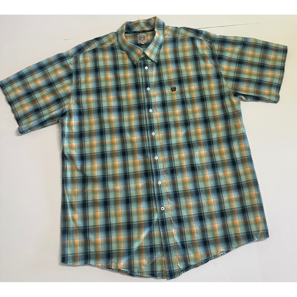 Cinch Mens XXL Short Sleeve Button Down Shirt Plaid Blue Green Orange Cotton